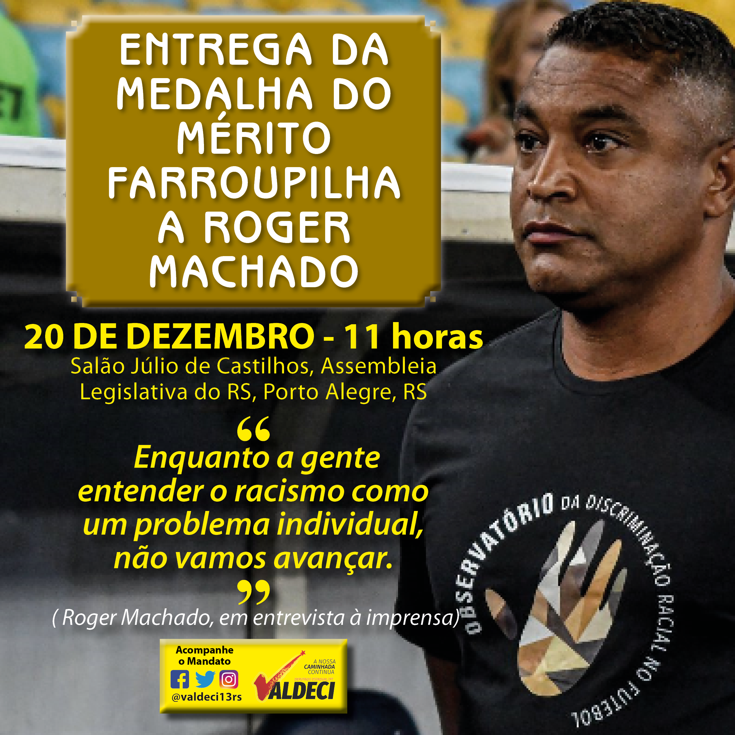 Entrega do Mérito Farroupilha a Roger Machado tem data confirmada