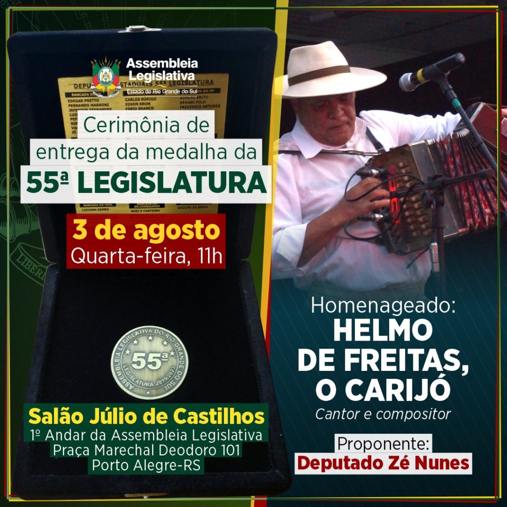 CULTURA: Helmo de Freitas, o Carijó recebe medalha da 55ª legislatura na Assembleia