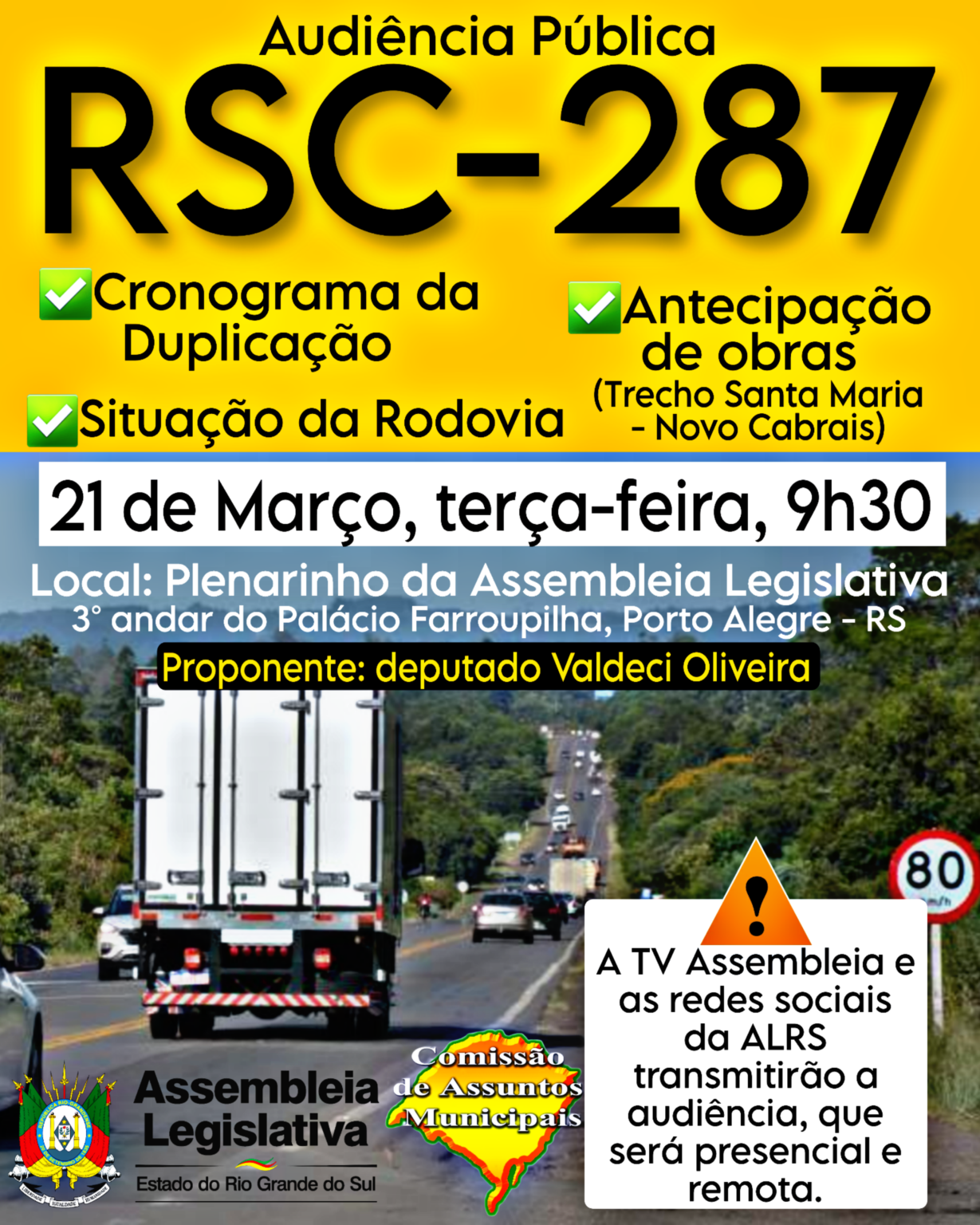 Audiência pública sobre RSC-287 acontece nesta terça-feira